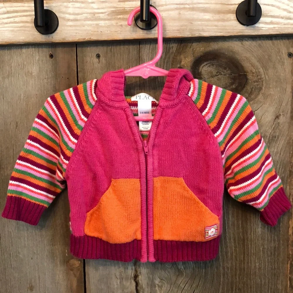 Children’s Place Stripe Colorblock Zippered Hooded Sweater Pink 3-6 months